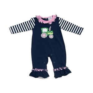 Three Sisters Striped Navy and Pink Tractor Romper